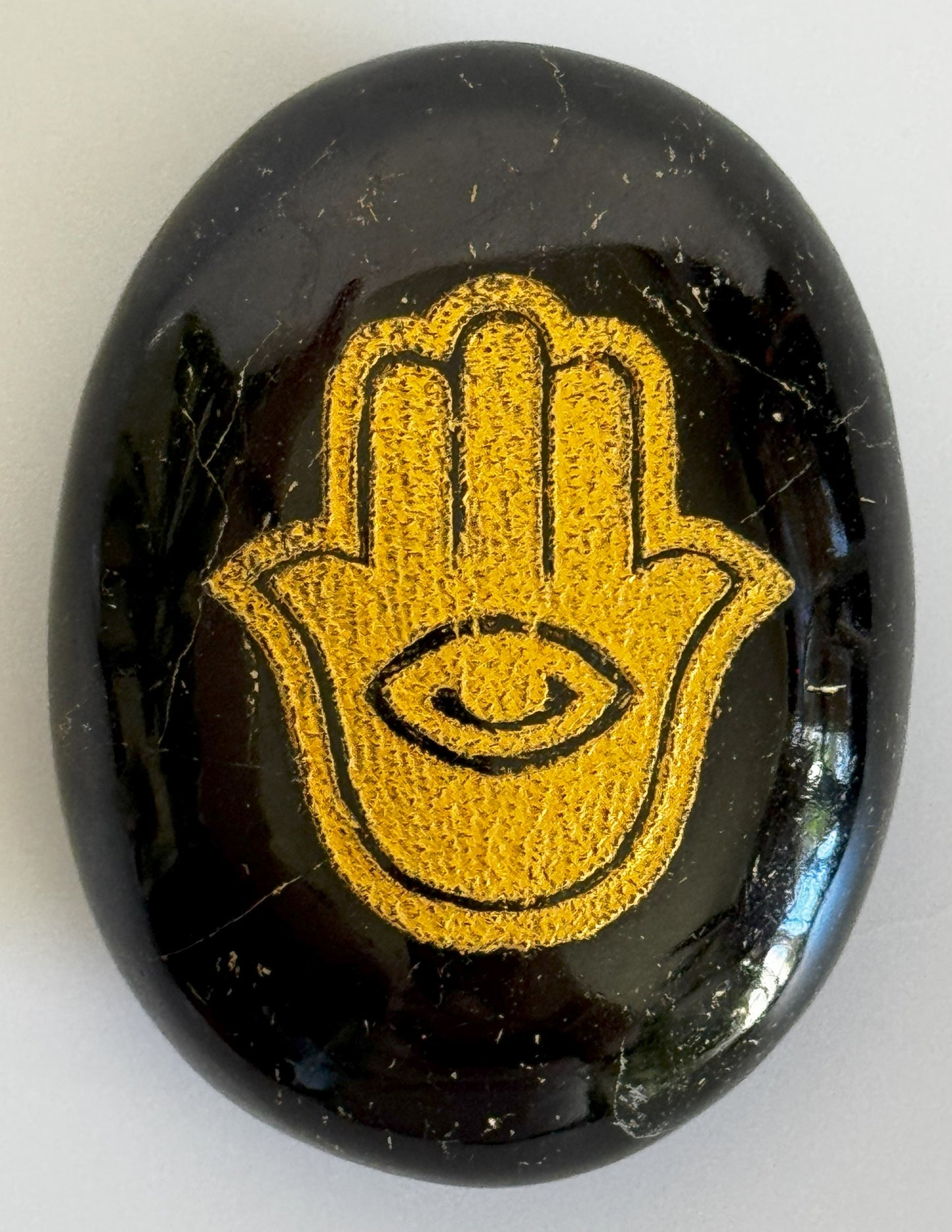 Black Tourmaline Hamsa Palm Stone with Pouch