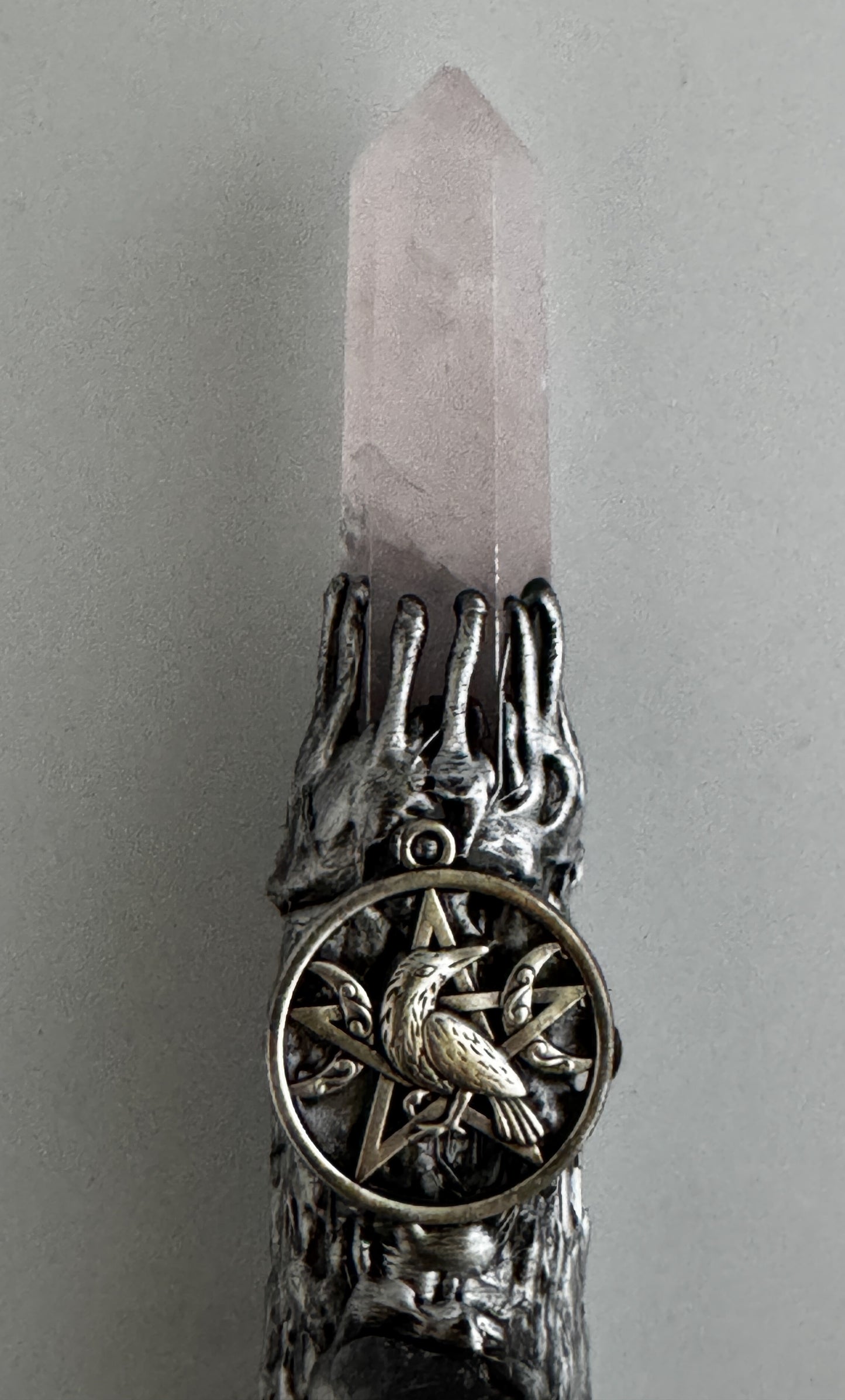Gemstone Wicca Broom 13in - Rose Quartz with Silver Raven