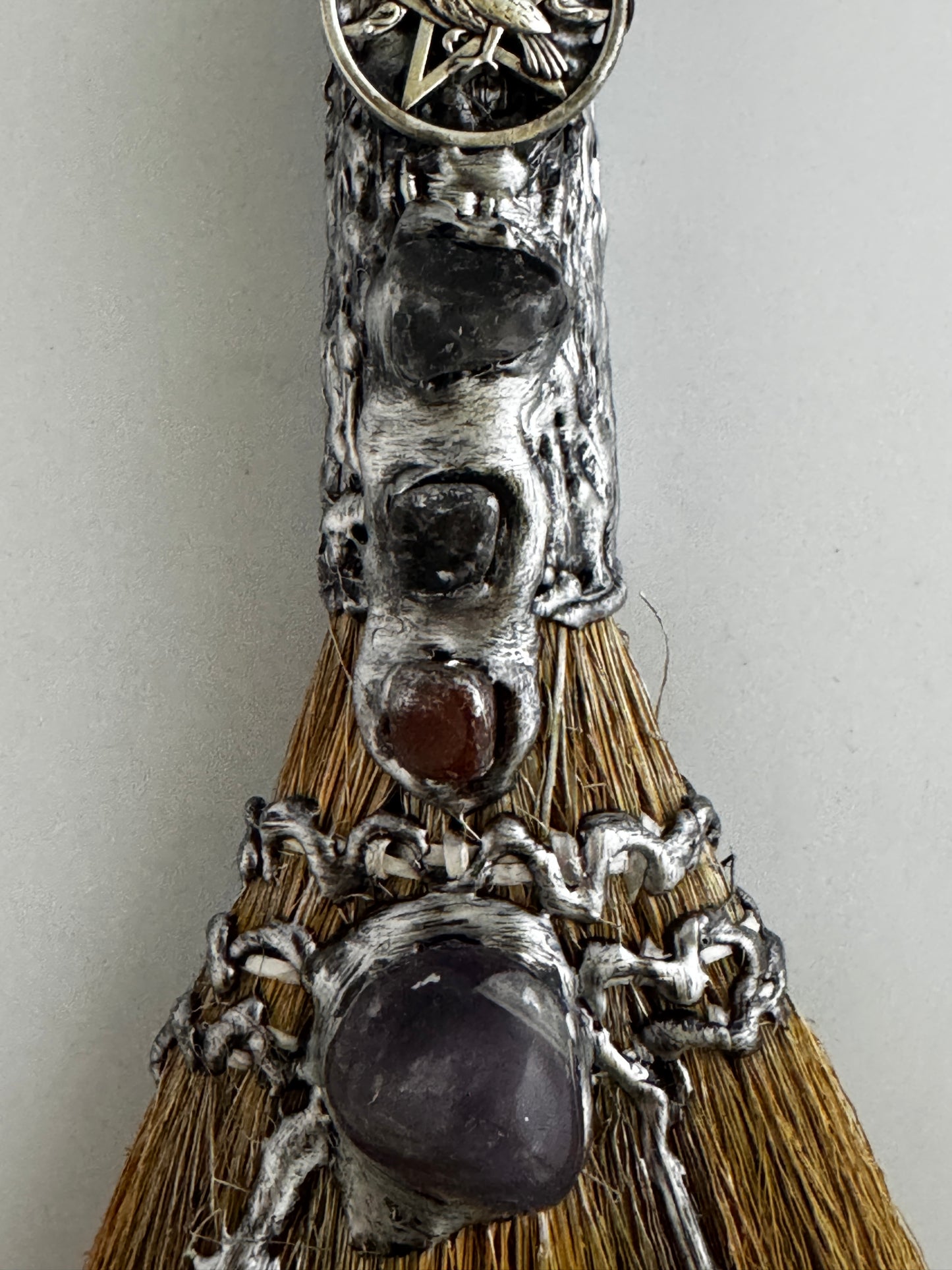 Gemstone Wicca Broom 13in - Rose Quartz with Silver Raven