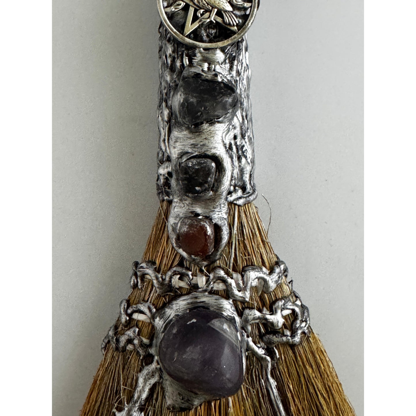 Gemstone Wicca Broom 13in - Rose Quartz with Silver Raven