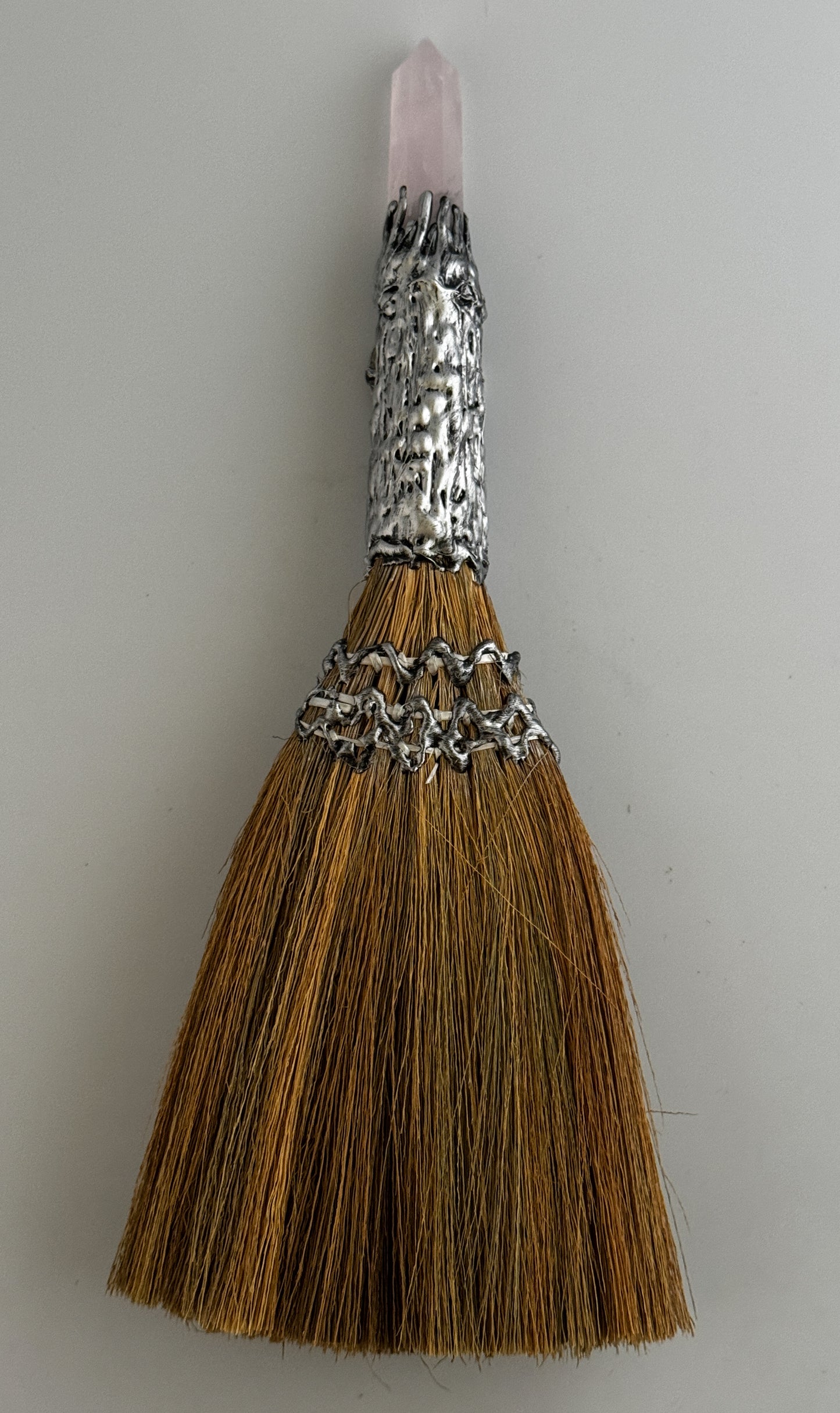 Gemstone Wicca Broom 13in - Rose Quartz with Silver Raven