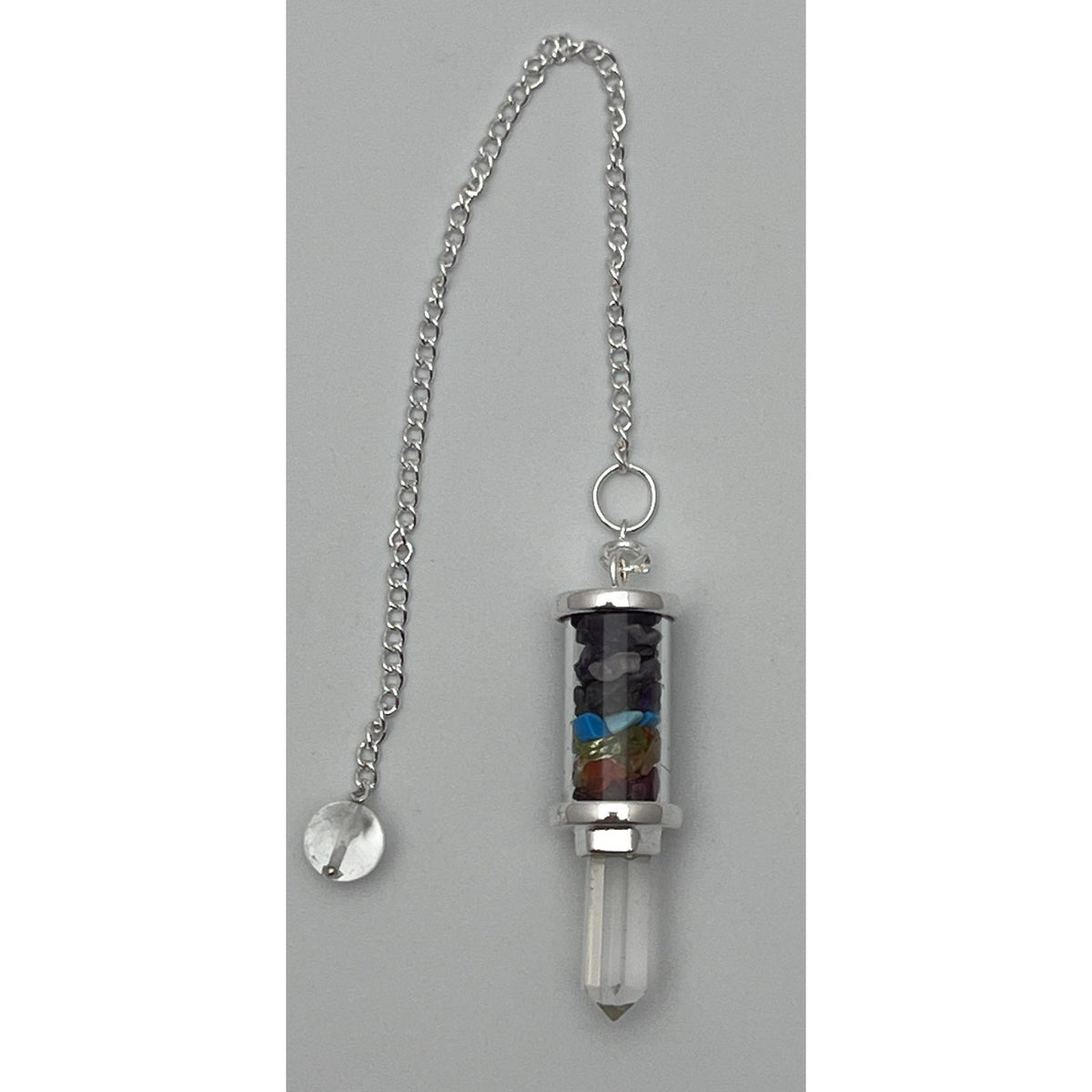 Chakra Glass Tube Pendulum with Crystal Point – 7 Chakra Chips Divination Pendulum – Energy Healing Gift