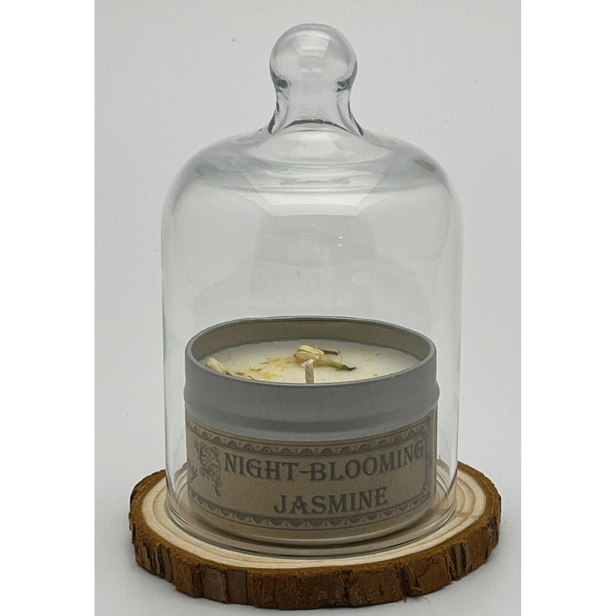 Candle in Cloche Bell Jar with Wood Slice Base