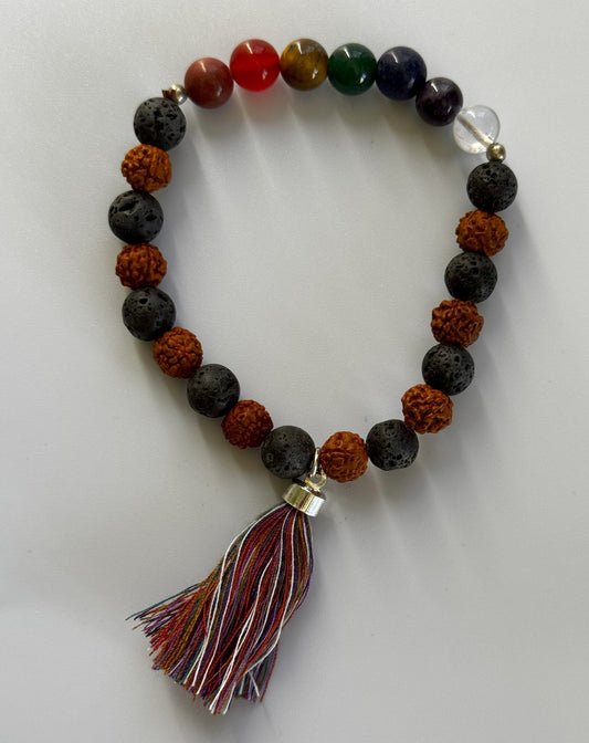 Chakra Tassel Bracelet Round Beads with Lava and Rudraksha