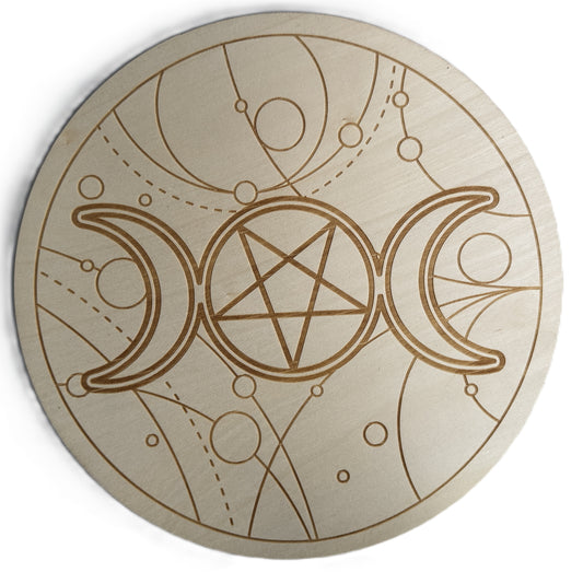 Wood Crystal Grid - Triple Moon with Pentacle