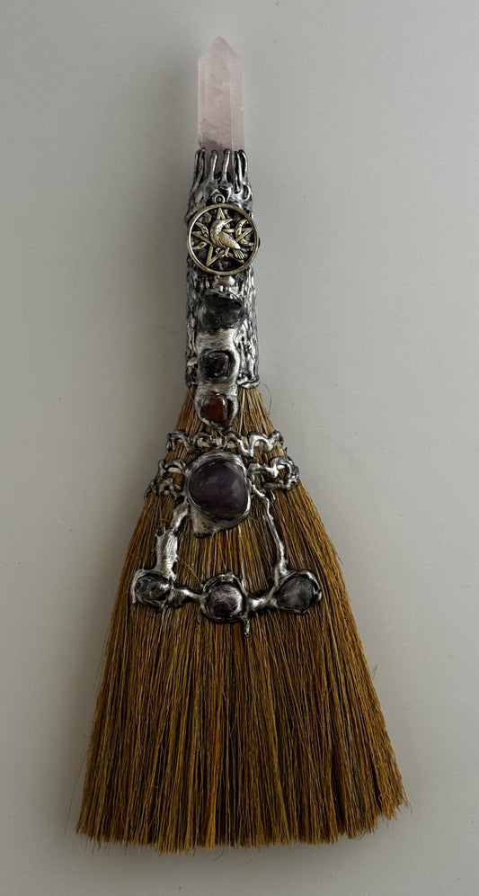 Gemstone Wicca Broom 13in - Rose Quartz with Silver Raven