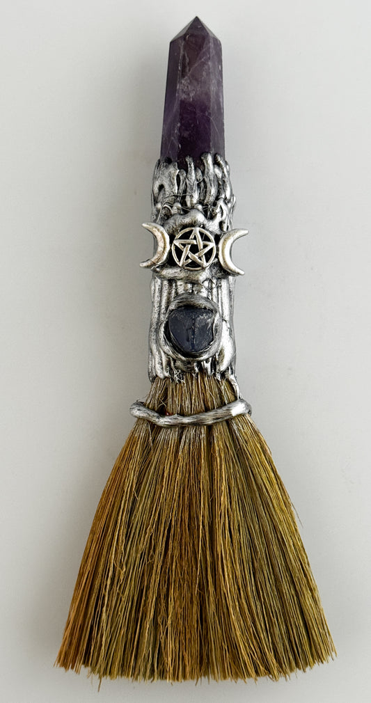 Gemstone Wicca Broom 7.5in - Amethyst w/ Silver Triple Moon
