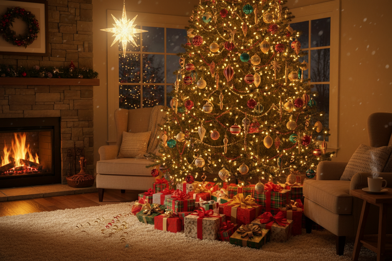 Christmas time with gifts under the tree  